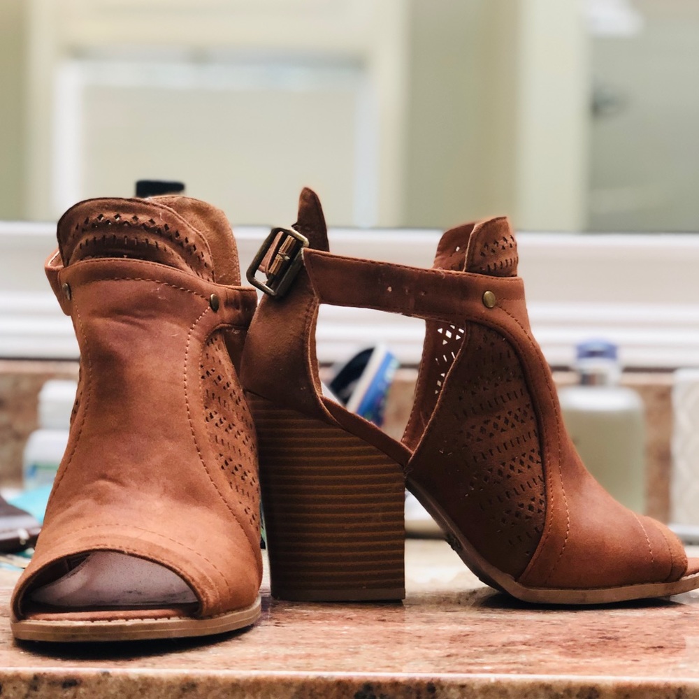 Brown Suade Open Toed Booties -Size 6